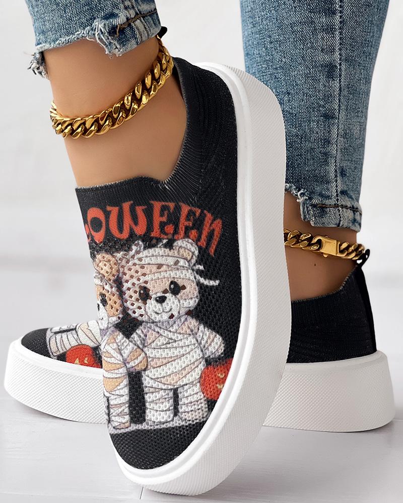 

Halloween Bandage Bear Graphic Print Slip-On Sneakers, Black