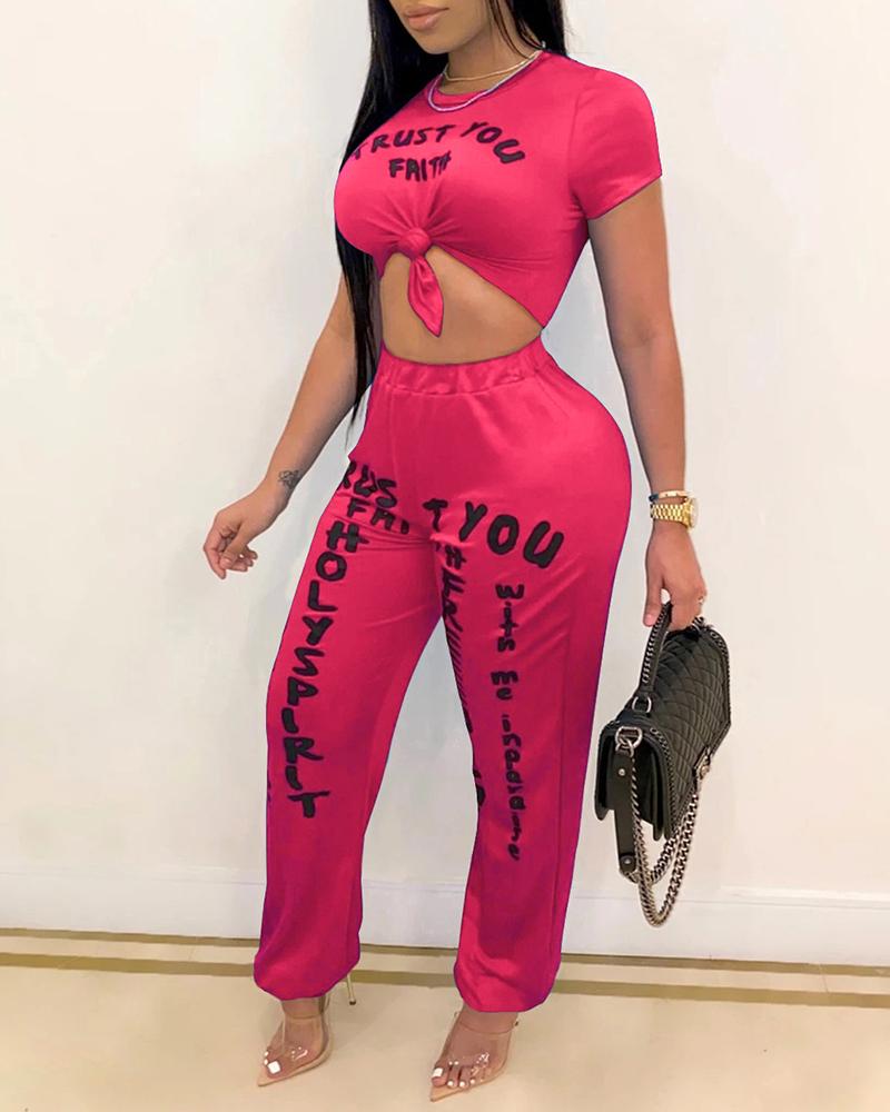 

Letter Print Casual Top & High Waist Pants Set, Purple