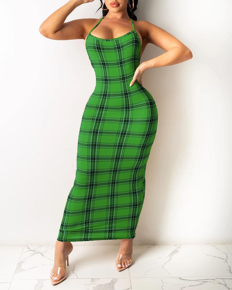 

Plaid Print Crisscross Halter Backless Bodycon Maxi Dress, Green