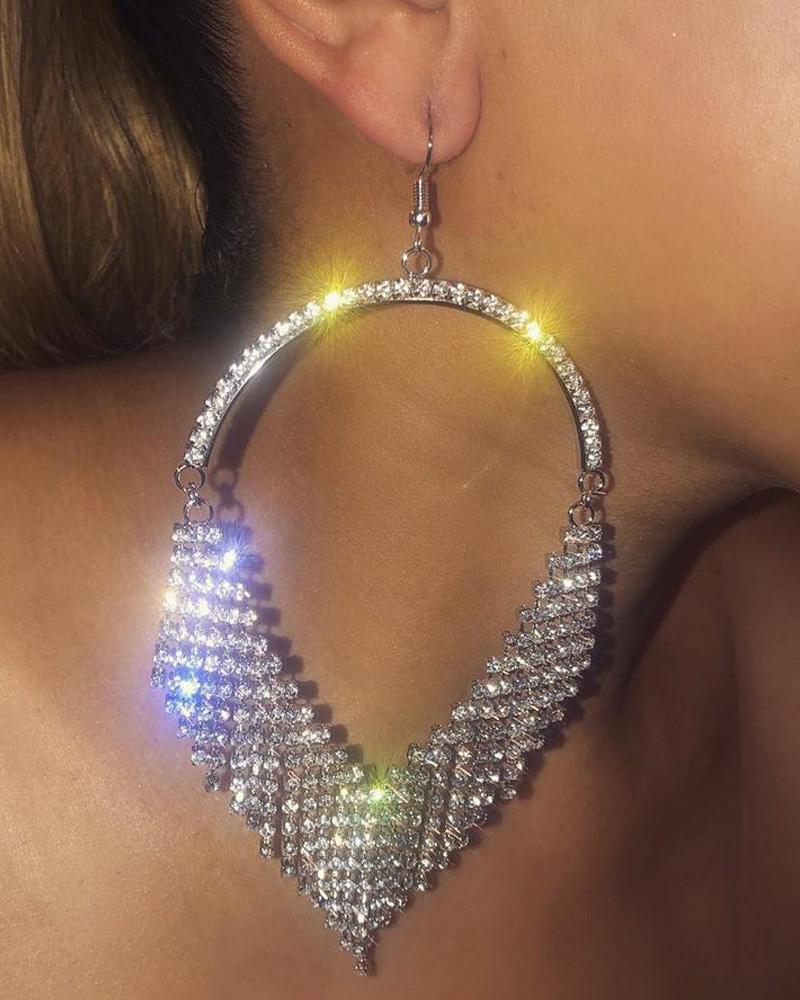 

Asymmetrical Tassel Design Rhinestone Drop Earrings, Silver