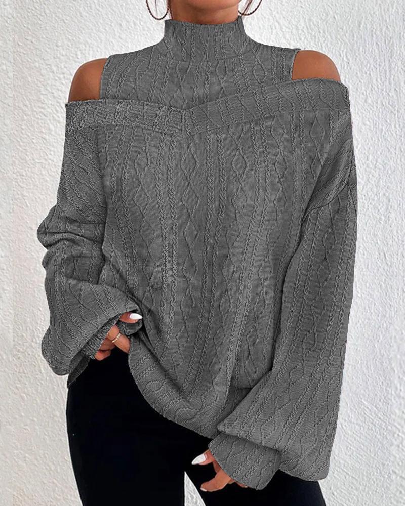 

Lantern Sleeve Cold Shoulder Cable Textured Top, Gray
