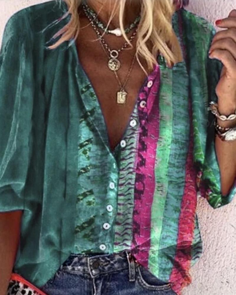 

Colorblock Button Front Long Sleeve Shirt, Green