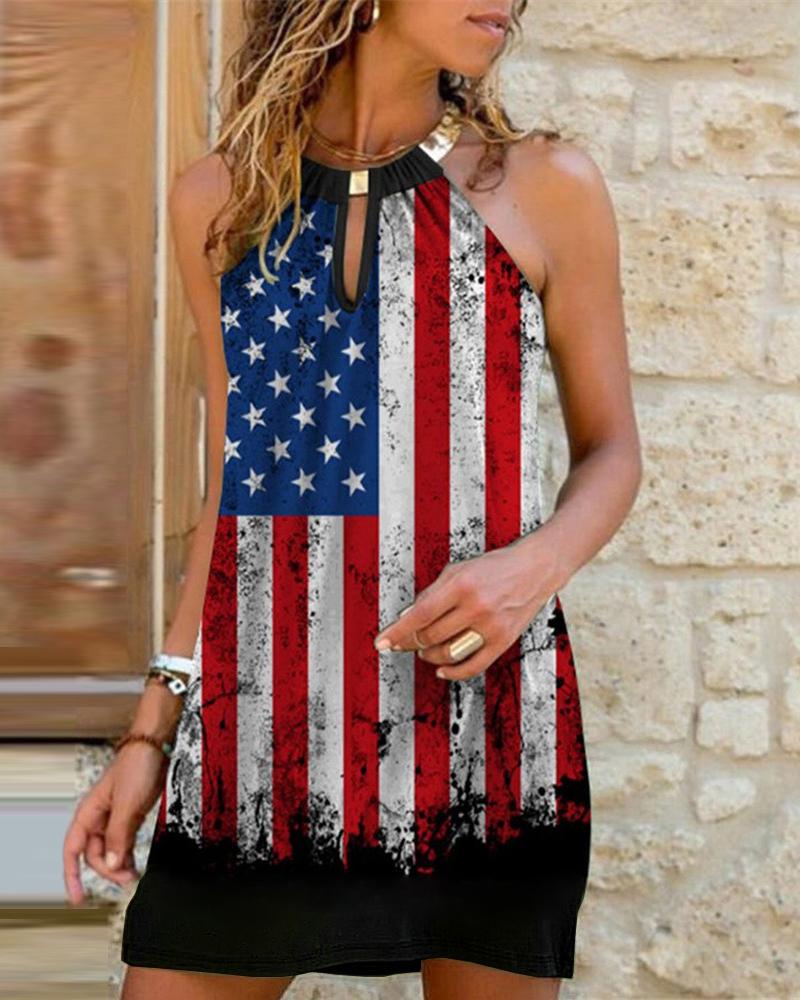 

Flag Print Sleeveless Cutout Front Casual Dress, Red