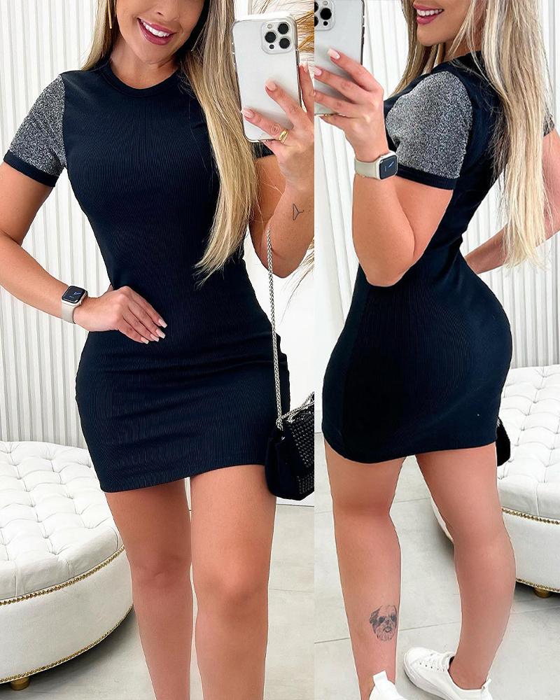 

Contrast Glitter Short Sleeve Mini Dress, Black