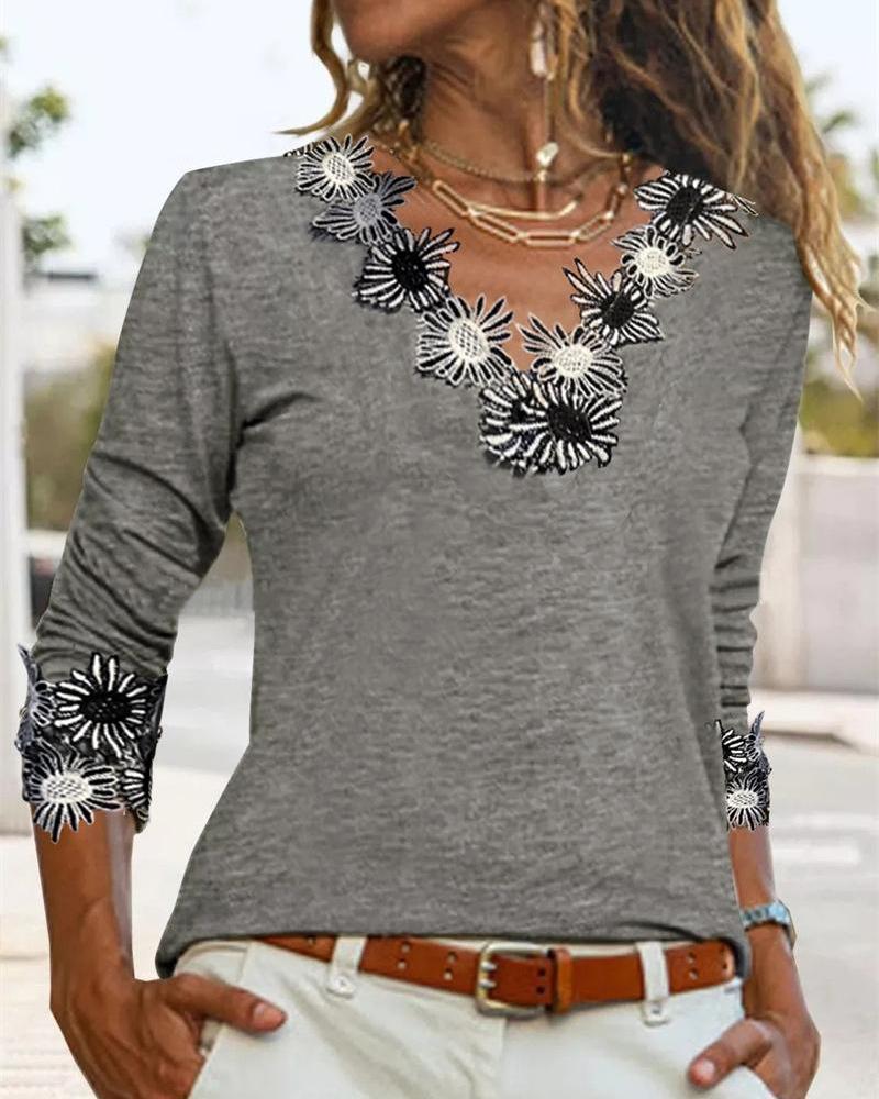 

Contrast Lace V-Neck Long Sleeve Casual Top, Gray