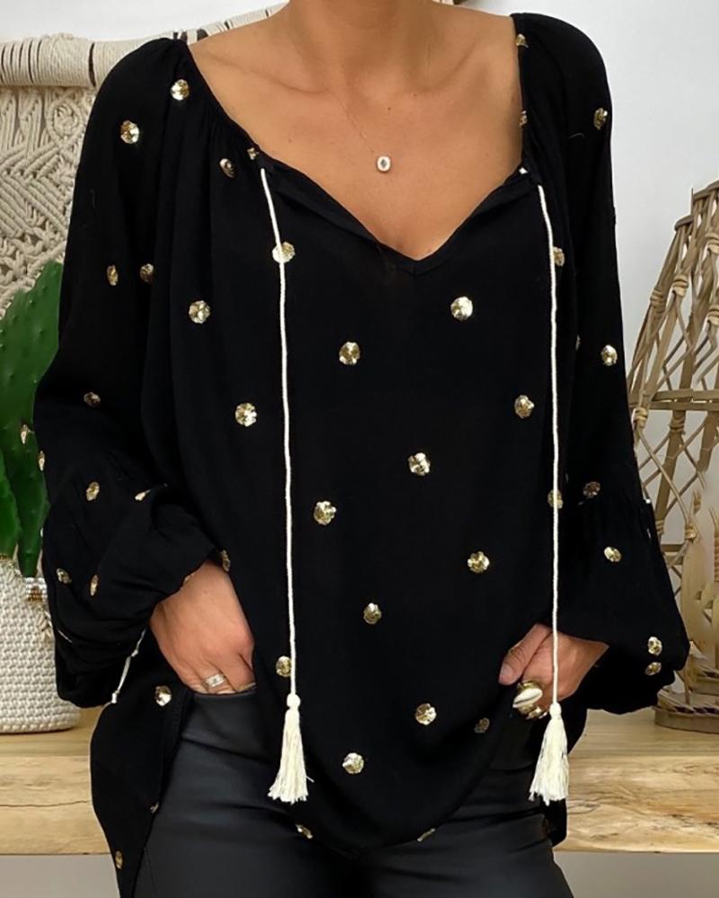 

Polkadot Tassel Design Lantern Sleeve Casual Top, Black