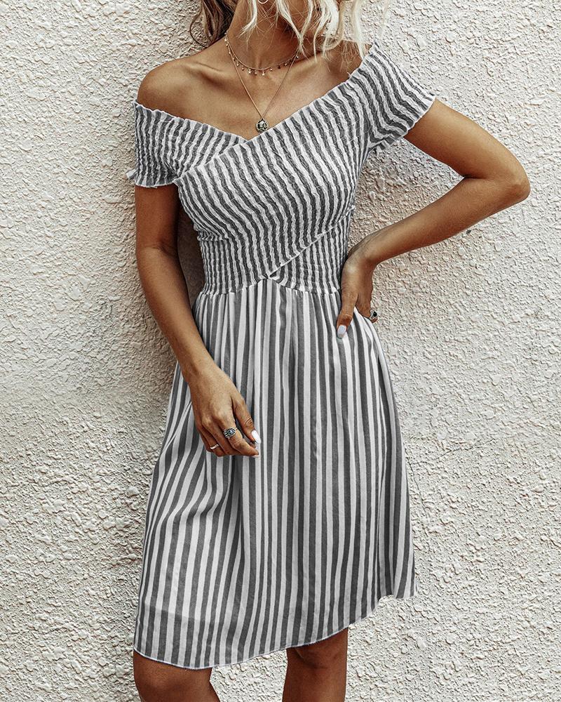 

Striped Off Shoulder Casual Women Dress, Gray