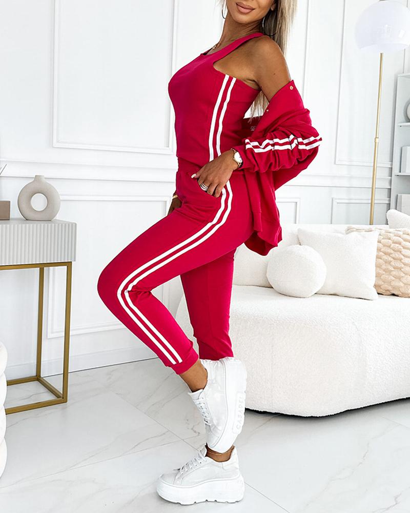 

2PCS Striped Tape Patch Tank Top & Cuffed Pants Set Tracksuit Sets, Red