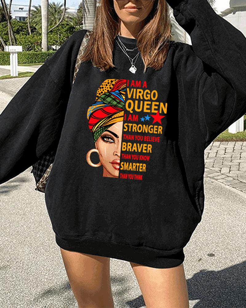 

Figure Letter Print Long Sleeve Sweatshirt, Black