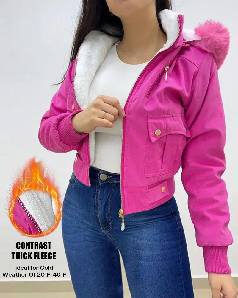 

Fuzzy Trim Hooded Zip Up Pocket Design Fleece Lined Coat, Hot pink