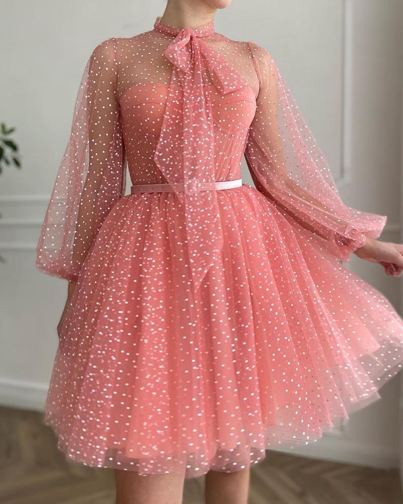 Polkadot Print Tie Neck Lantern Sleeve Mesh Prom Dress