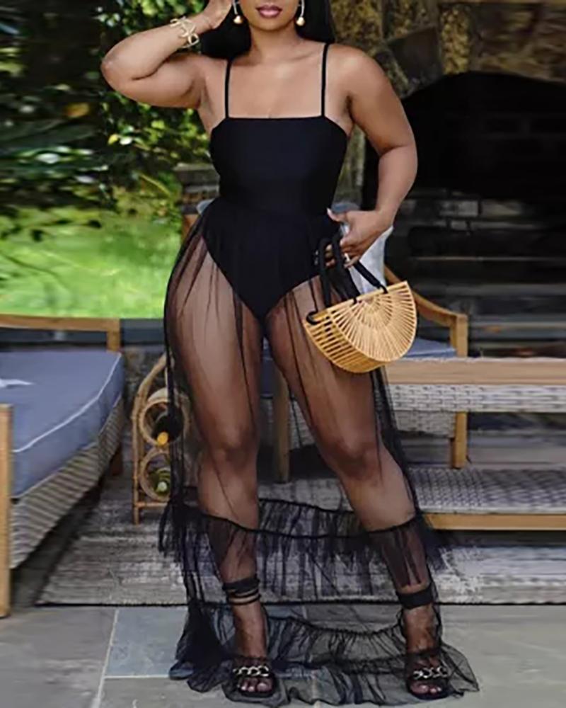 

Spaghetti Strap Ruffle Hem Sheer Mesh Maxi Dress, Black