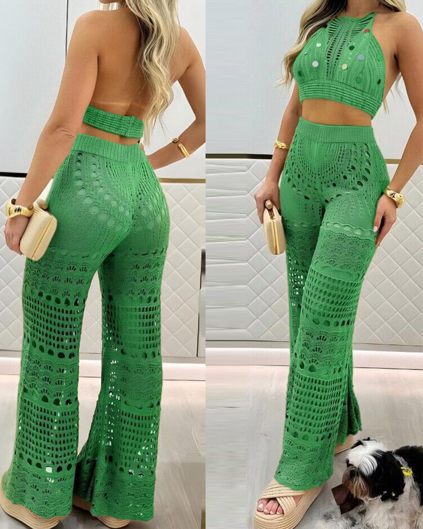 

2 Pieces Round Sequin Knitted Halter Sleeveless Crop Top and Casual Strechy Waist Wide Leg Knit Pants Set, Green