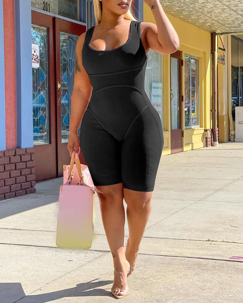 

Ribbed U-Neck Sleeveless Skinny Romper, Black