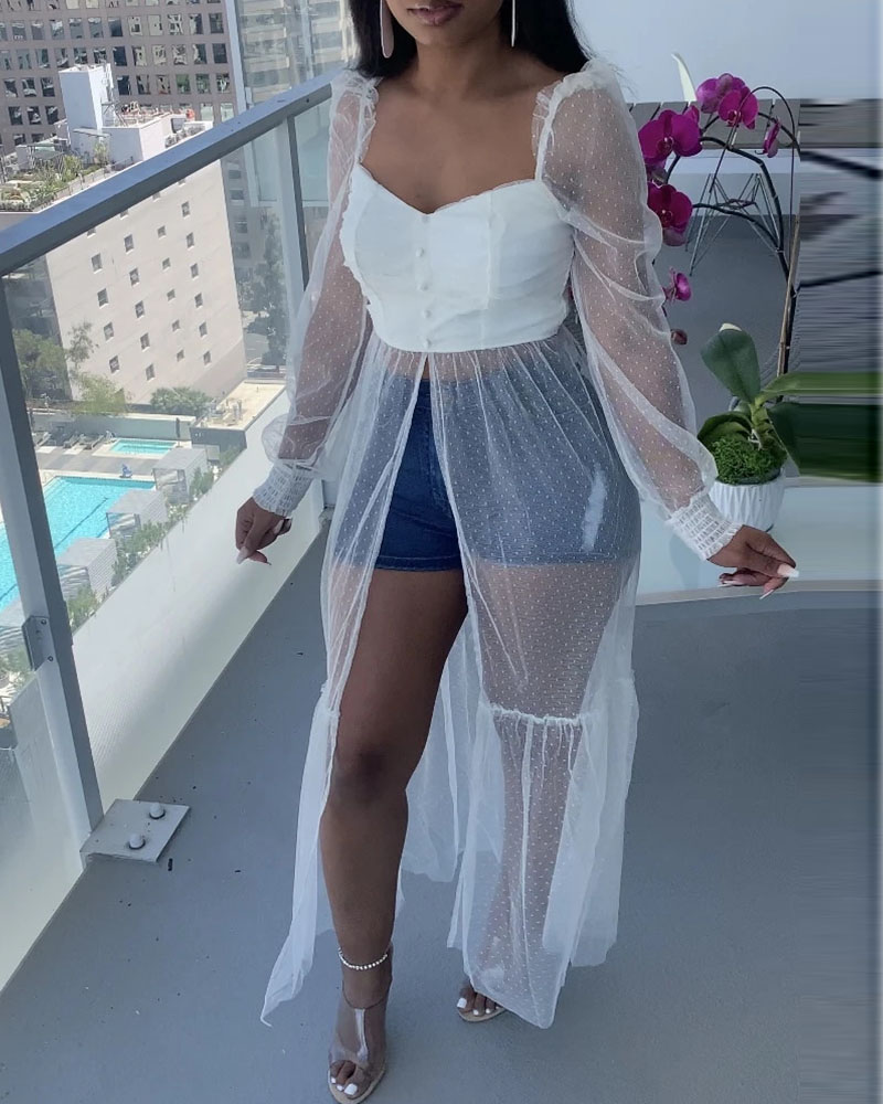 

Dot Mesh Patch Puff Sleeve High Slit Top, White