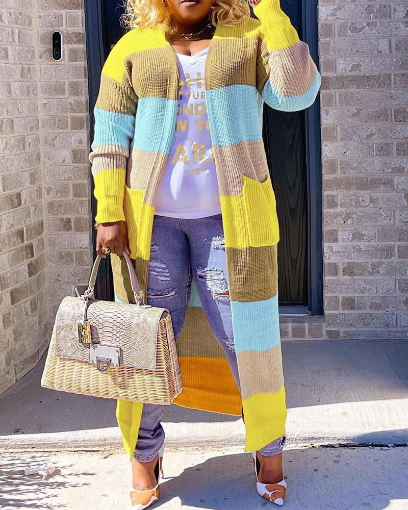 

Plus Size Colorblock Striped Chunky Knit Longline Cardigan, Yellow