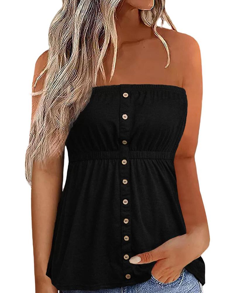 

Bandeau Buttoned Ruched Tank Top, Black