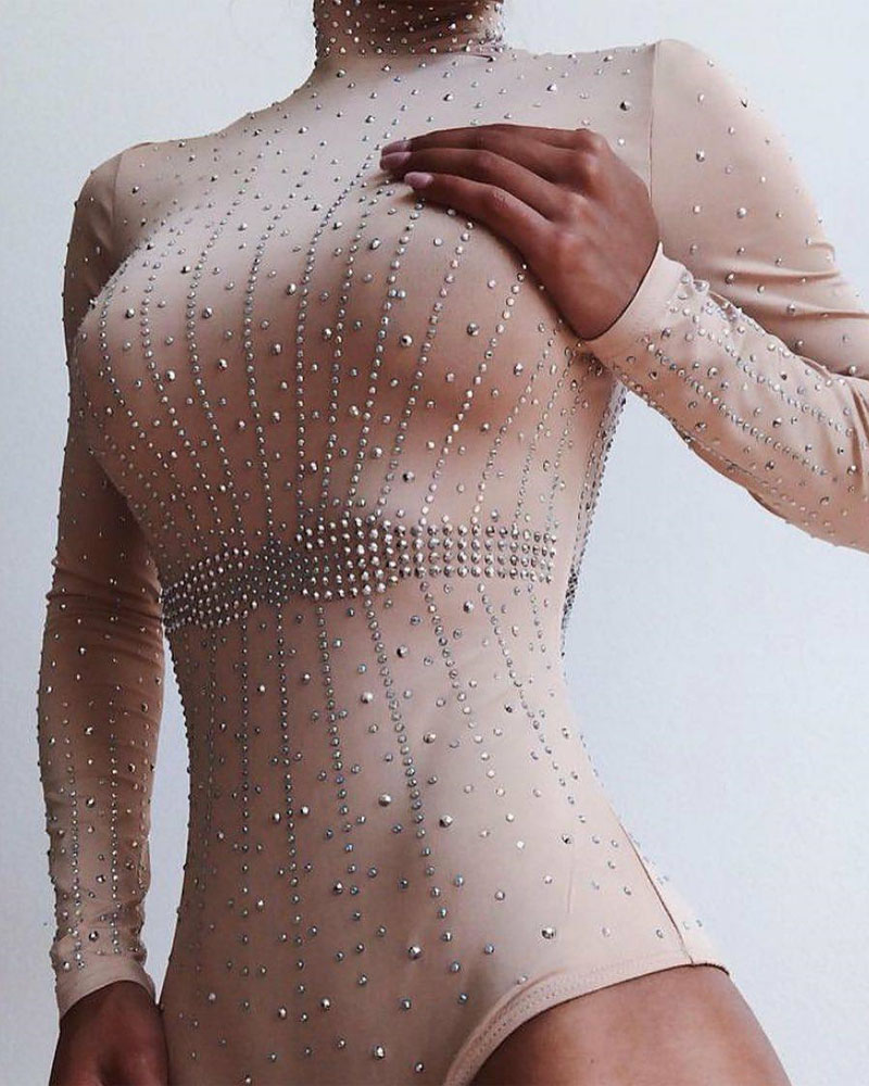 

Rhinestone Long Sleeve Skinny Bodysuit, Apricot