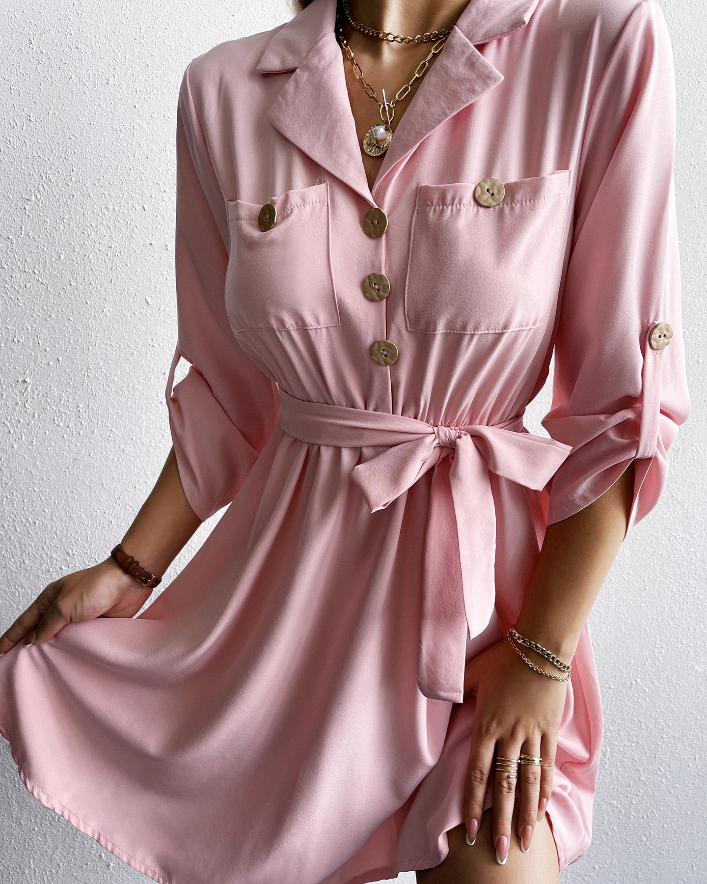 

Button Decor Long Sleeve Shirt Dress, Pink