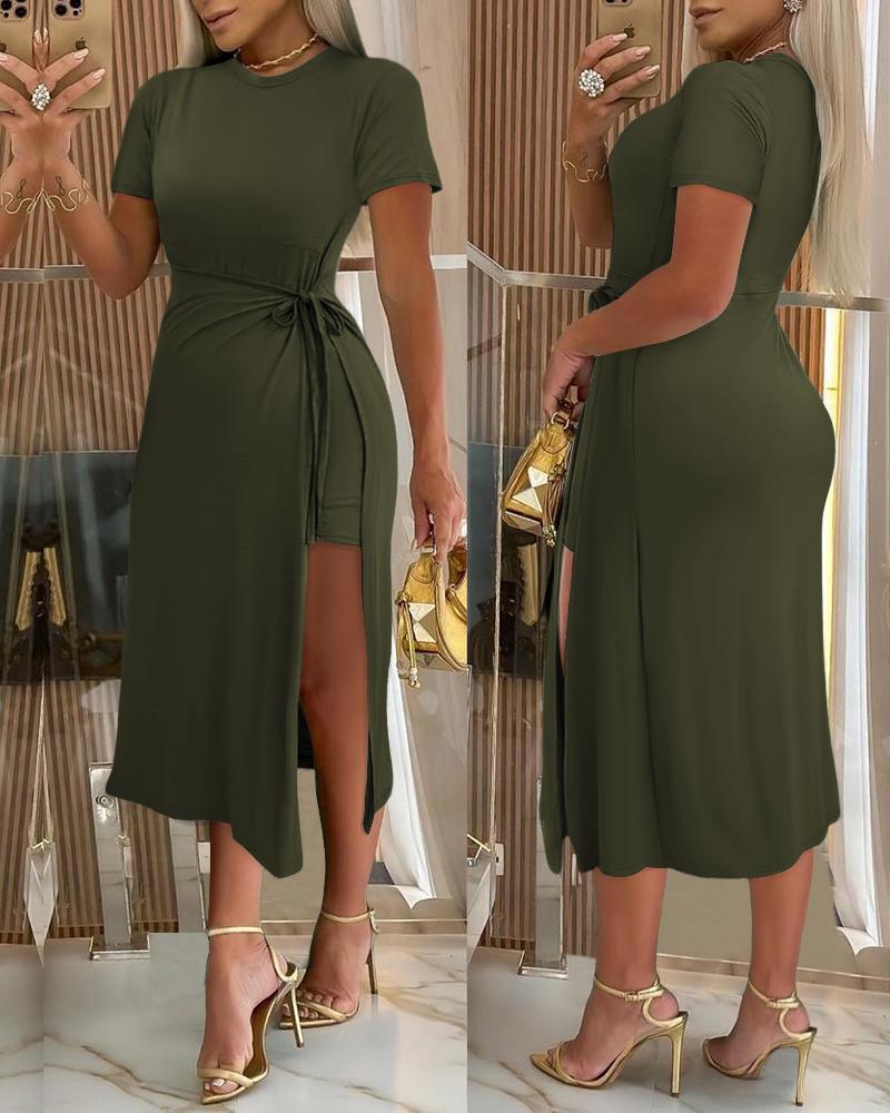 

Slit Tied Detail Casual Dress, Army green