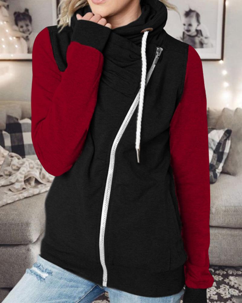 

Colorblock Zip Front Long Sleeve Sweatshirt, Red