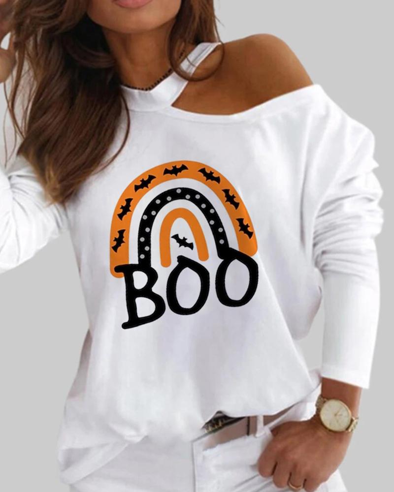 

Halloween Cutout Long Sleeve Letter Batwing Print Top, White