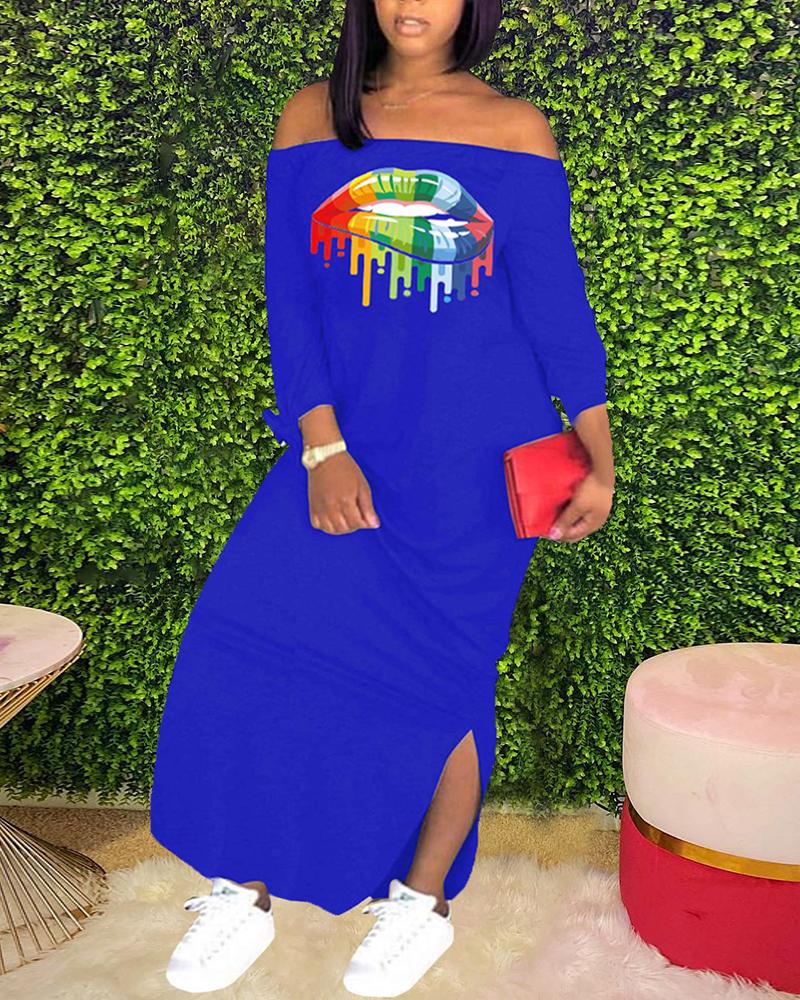 

Off Shoulder Lip Print Straight Slit Dress, Blue