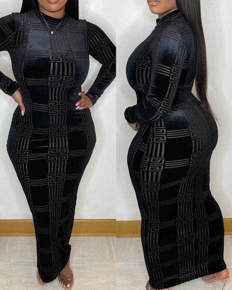 

Geo Print Long Sleeve Velvet Bodycon Dress, Black