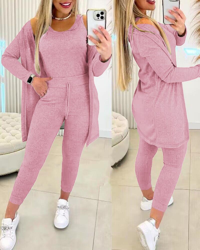 

Round Neck Tank Top & Drawstring Pants Set With Coat, Light pink