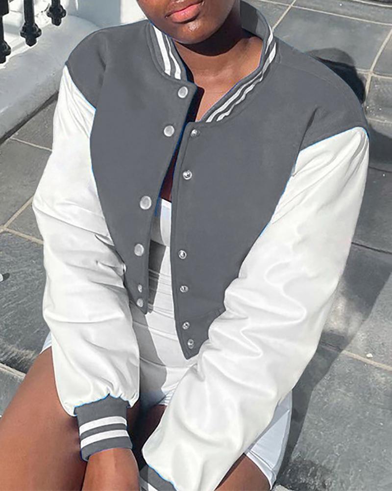 

Striped Colorblock Button Design Baseball Jacket, Gray