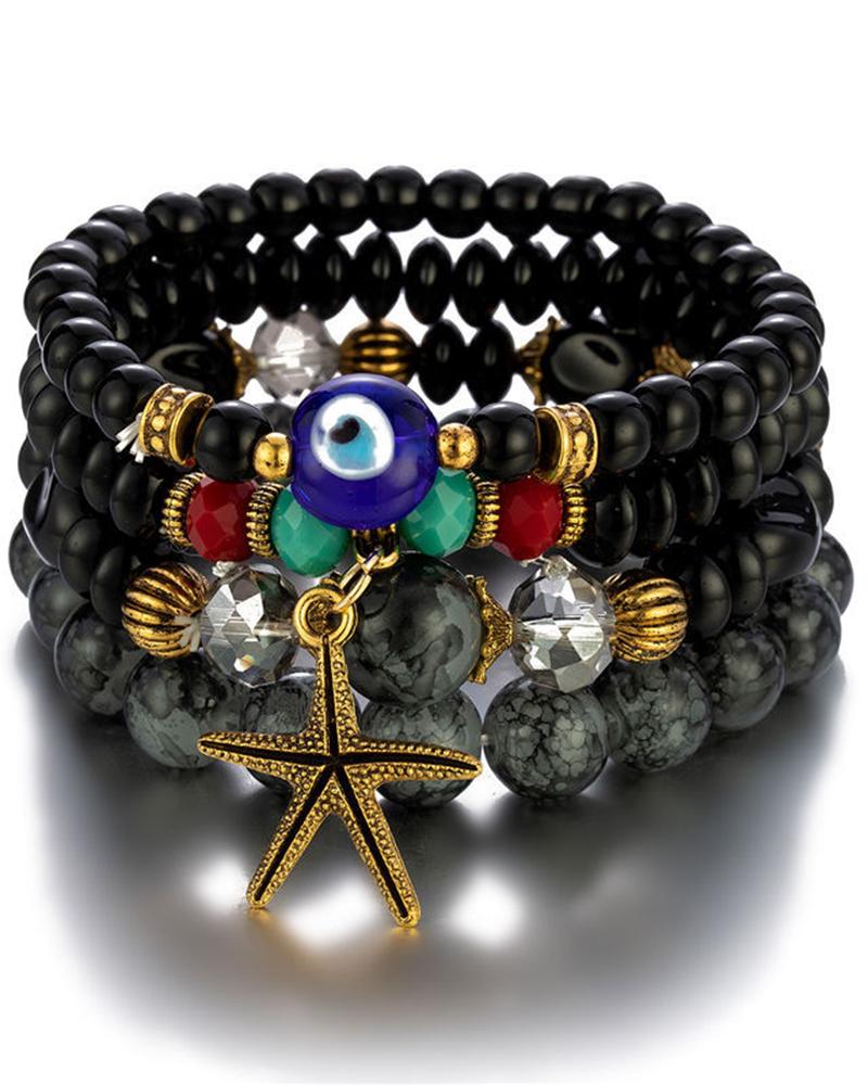 

1pc Blue Eye Starfish Beaded Bohemian Multi-layer Bracelet, Black