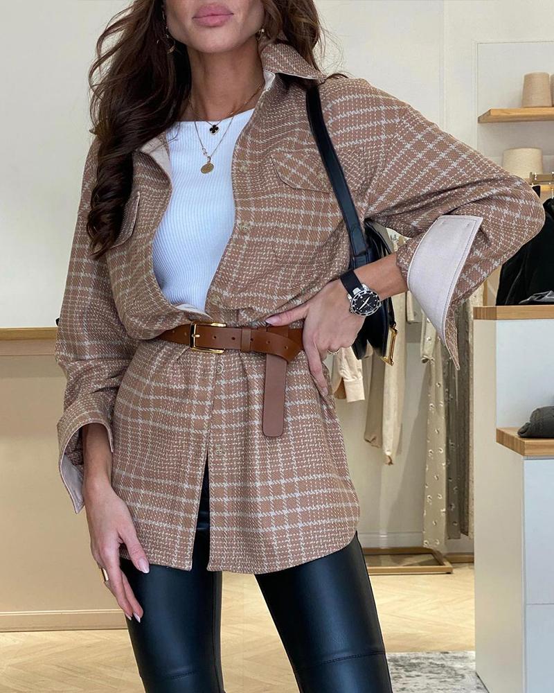 

Plaid Print Long Sleeve Button Down Shacket, Brown