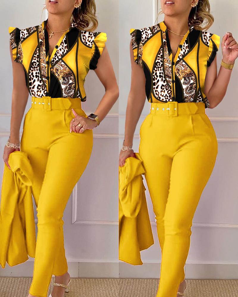 

Baroque Leopard Print Flutter Sleeve Top & Pants Set, Yellow