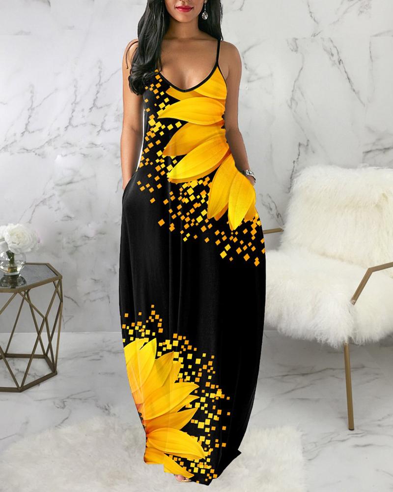 

Sunflower Print Pocket Design Cami Maxi Dress, Black