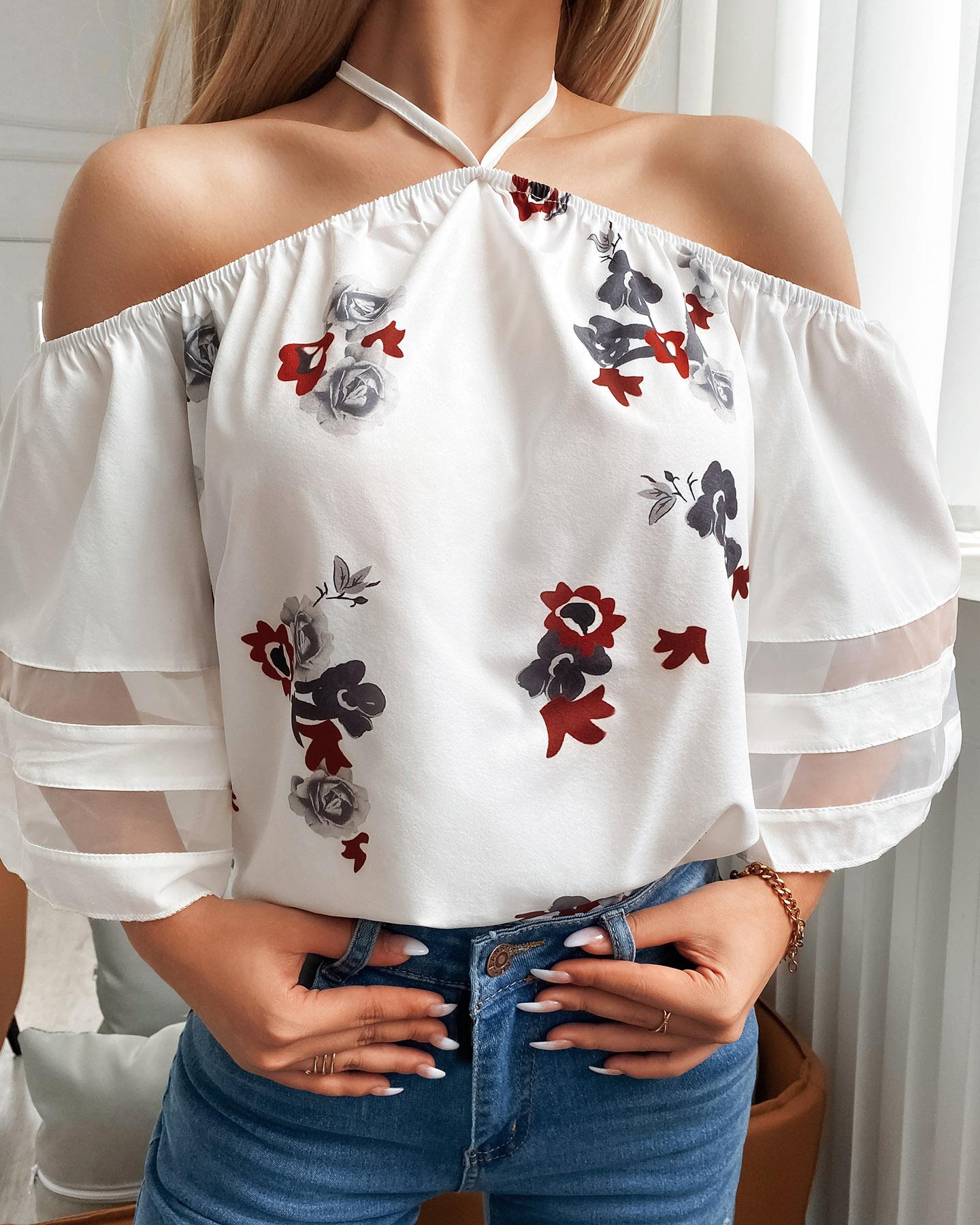 

Cold Shoulder Floral Print Sheer Mesh Top, White