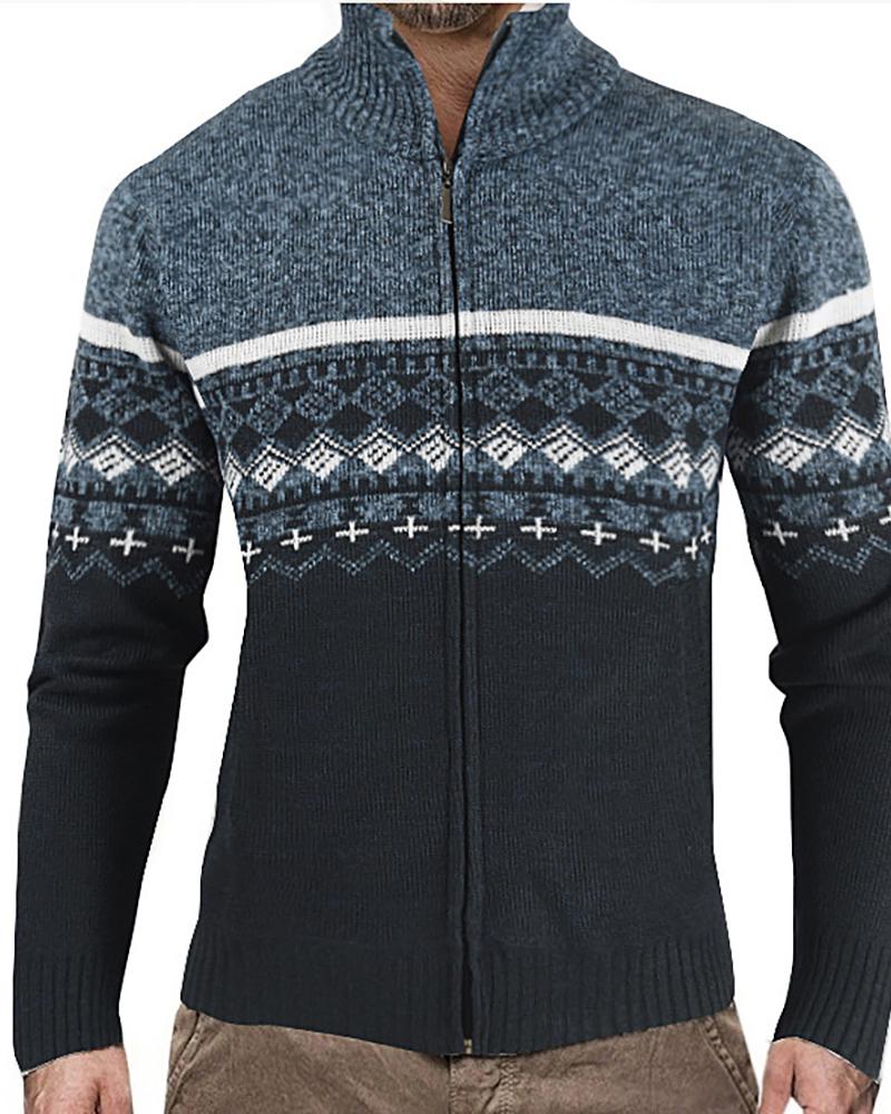 

Men Colorblock Zipper Design Cardigan, Dark blue