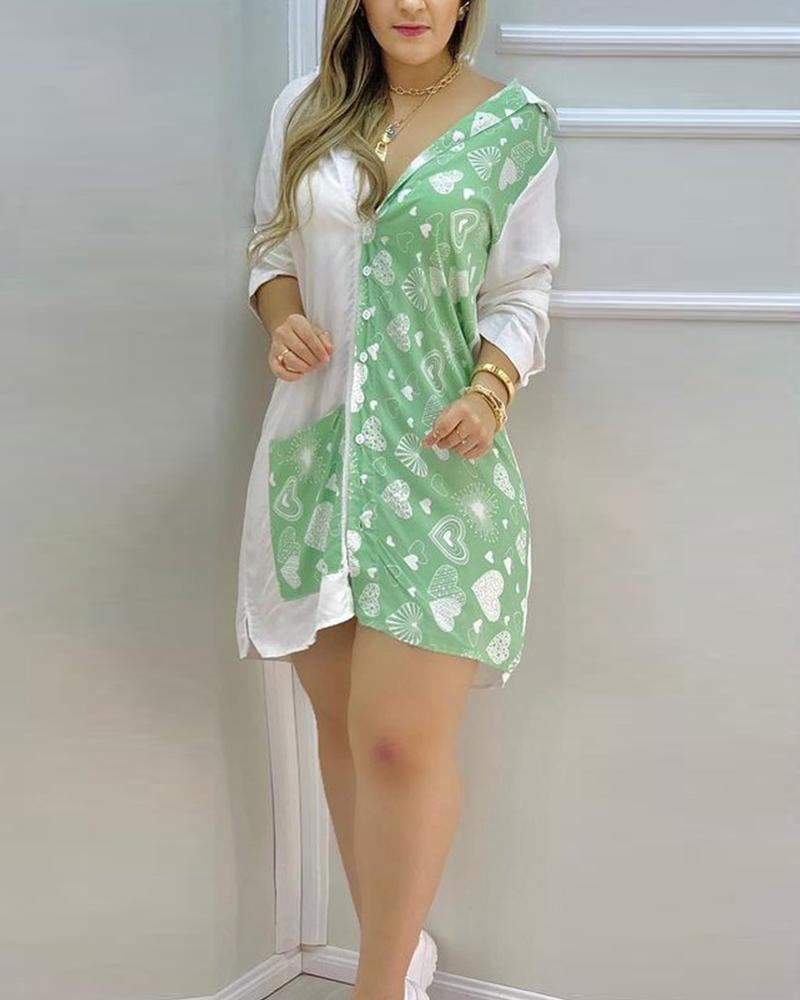 

Heart Print Colorblock Button Front Shirt Dress, Green