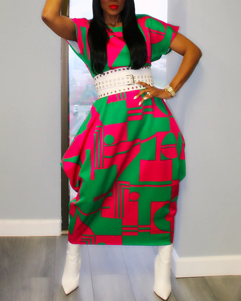

Plus Size Geometric Print Short Sleeve Casual Dress, Green
