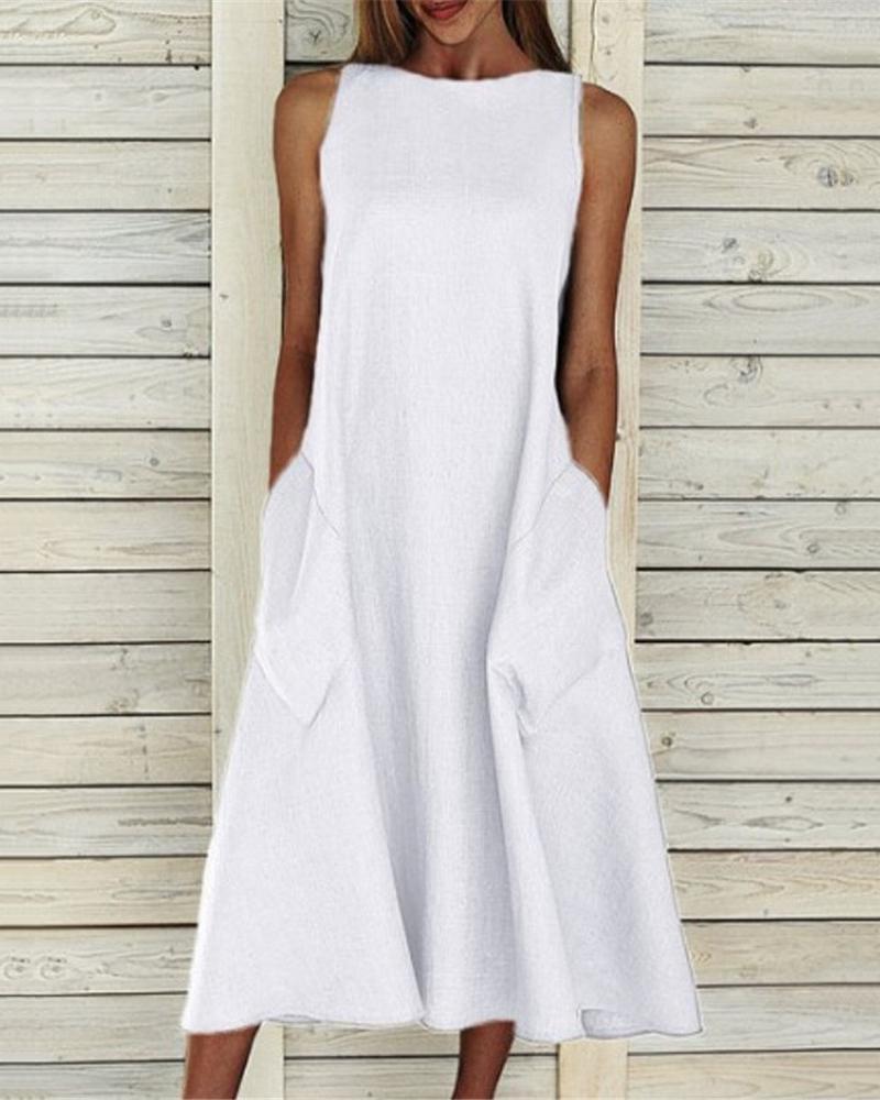 

Pocket Design Sleeveless Casual Swing Dress, White