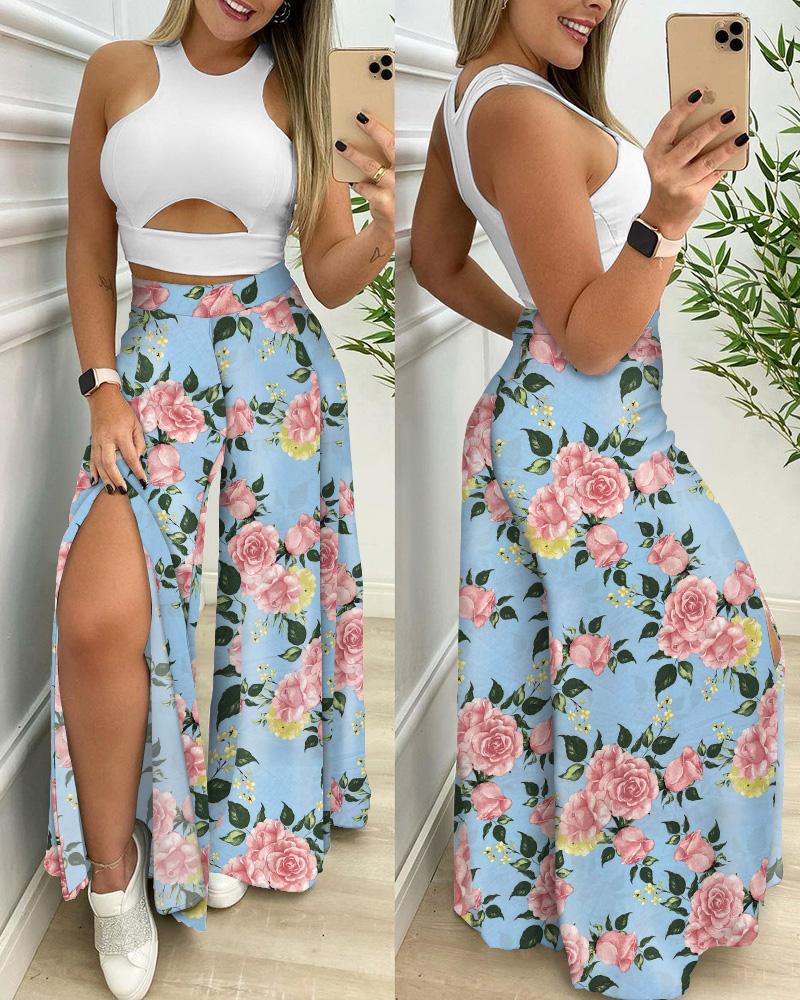 

Cutout Crop Top & Floral Print Split Thigh Wide Leg Pants Set, Blue