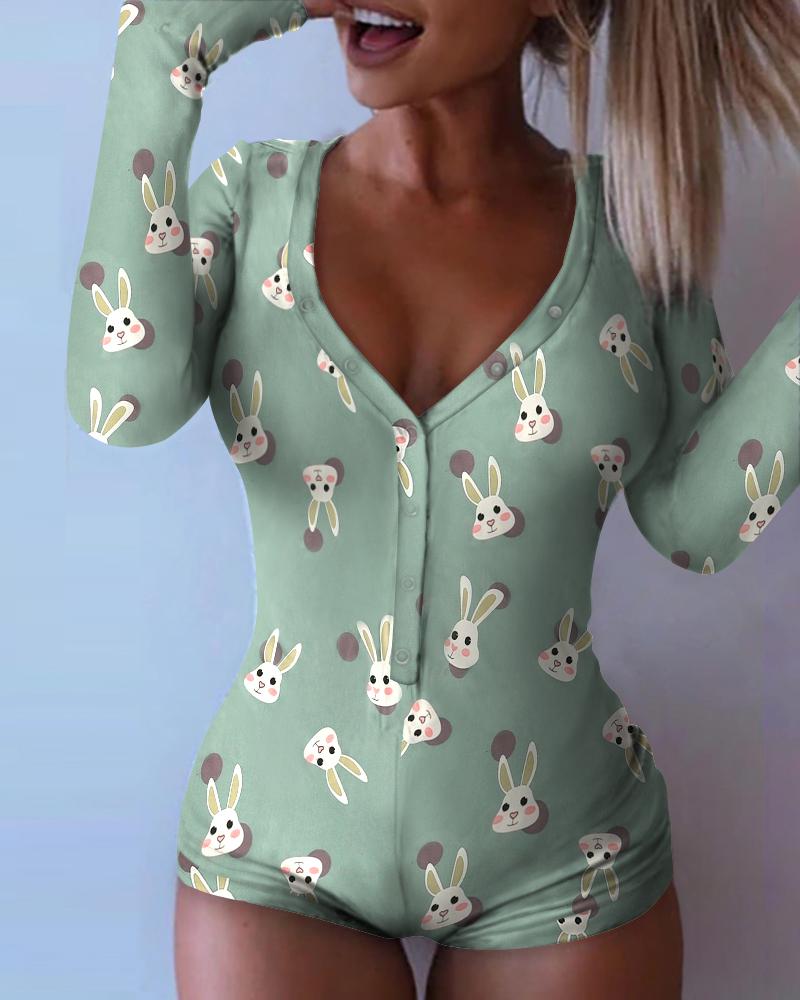 

Long Sleeve Animal Print V-neck Romper, Green