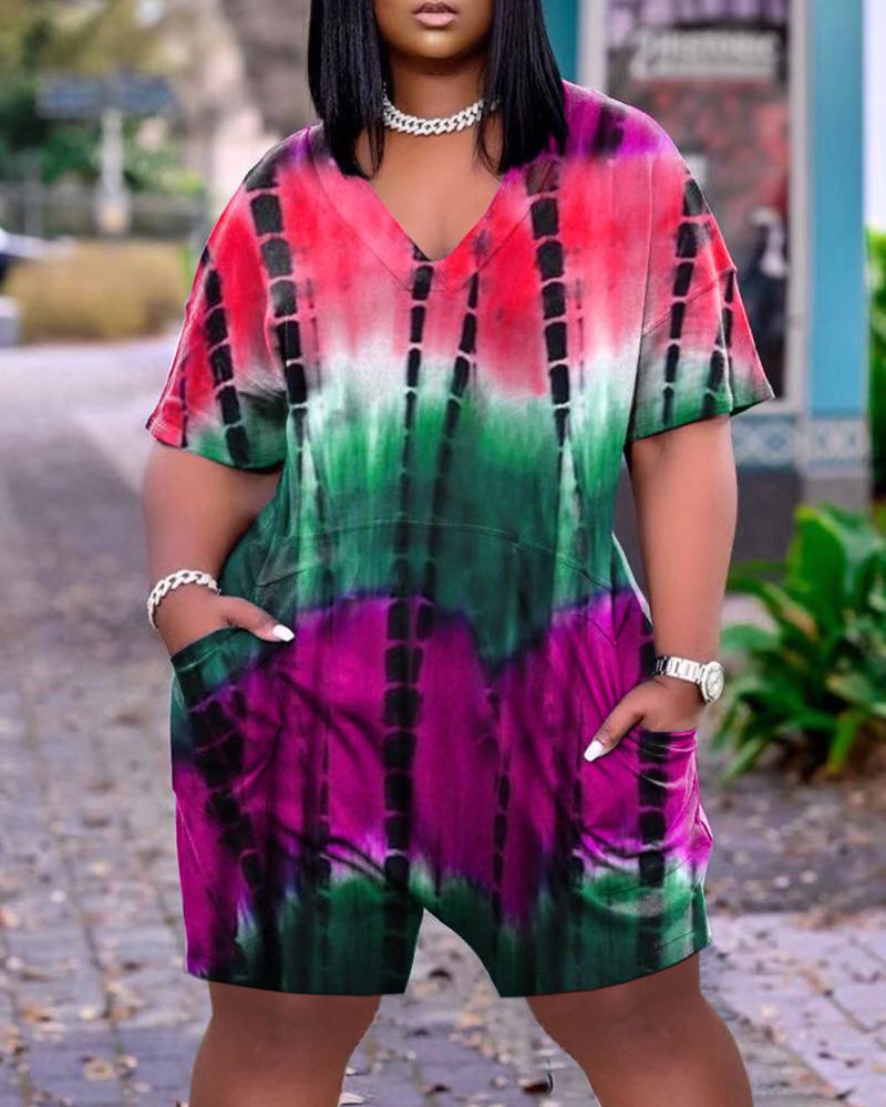 

Pocket Design V-Neck Tie Dye Print Romper, Hot pink