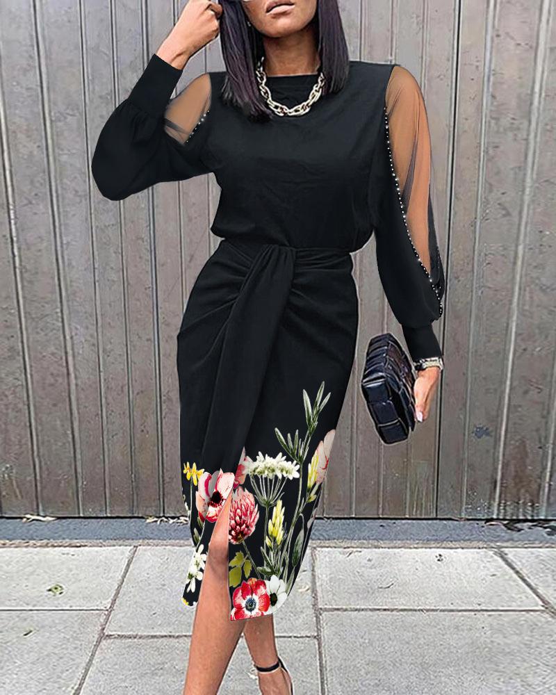 

Floral Print Contrast Mesh Ruched Midi Dress, Black