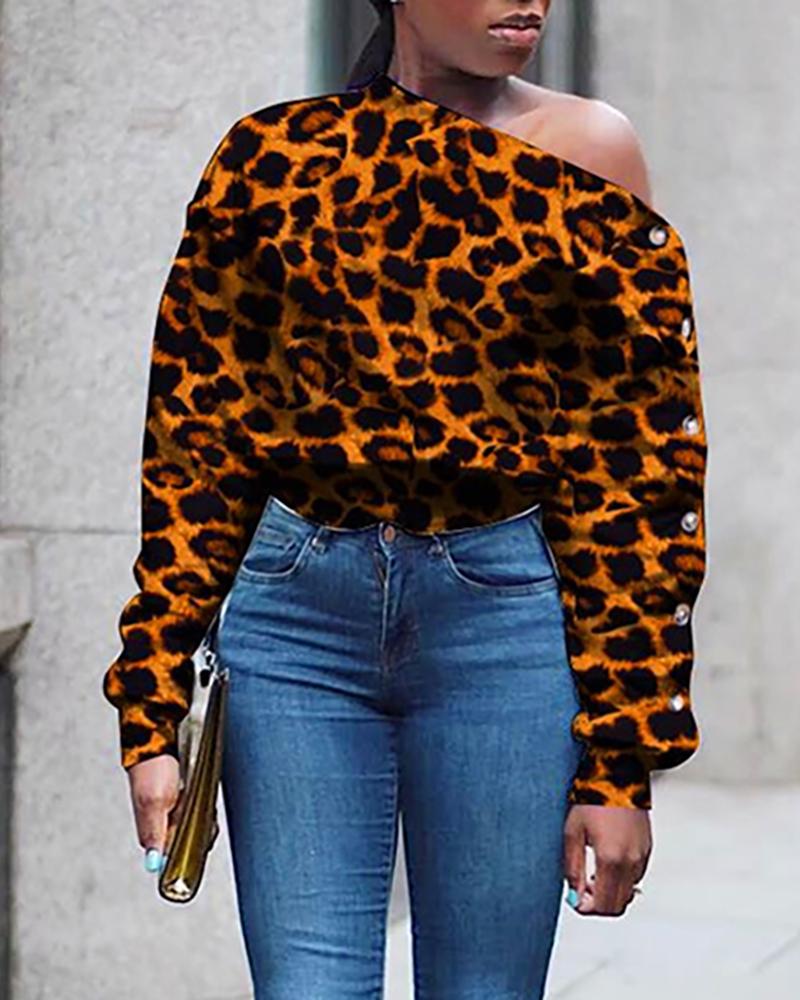 

Skew Neck Leopard Print Buttoned Women Blouse