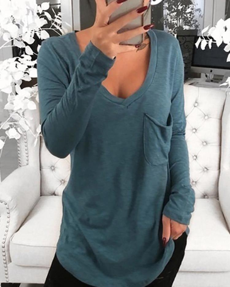 

V-Neck Chest Pocket Long Sleeve T-Shirt, Blue