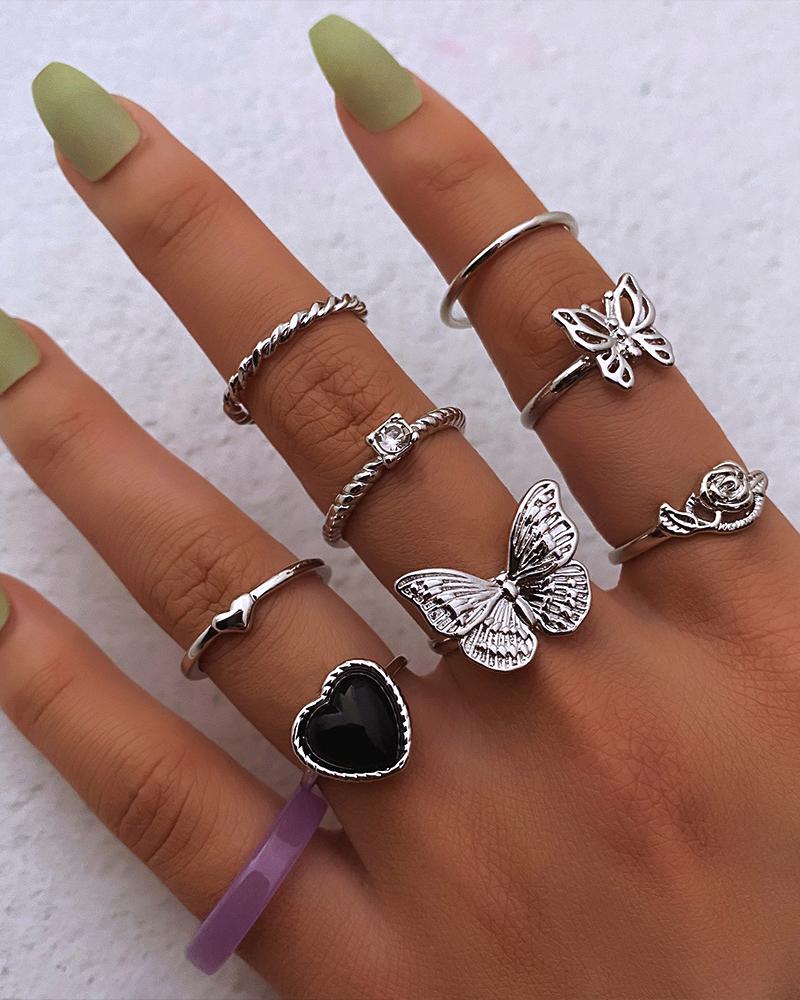 

9pcs Stackbale Heart Butterfly Shaped Rings Set, Silver