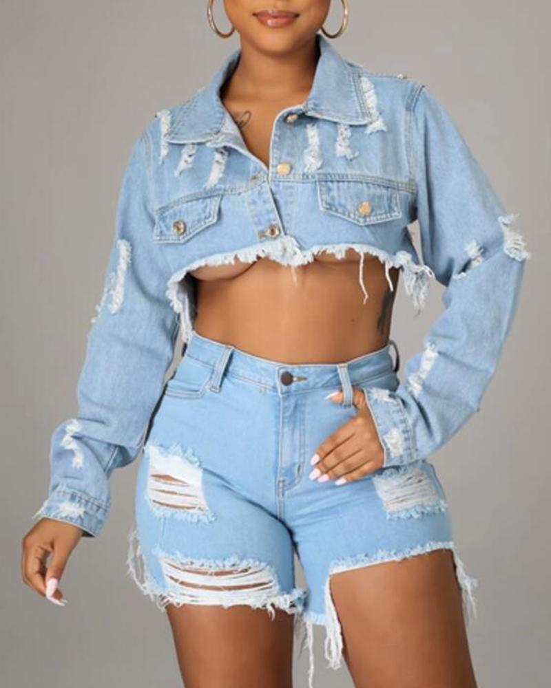 

Ripped Raw Hem Button Front Flap Detail Chain Decor Super Crop Denim Coat, Lighted blue