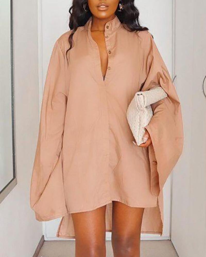 

Bell Sleeve Button Design Slit Casual Dress, Pink