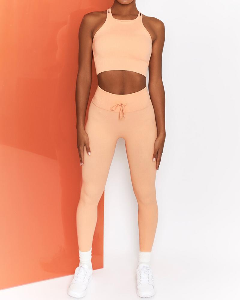 

O-neck Sleeveless Drawstring Sporty Active Set, Orange