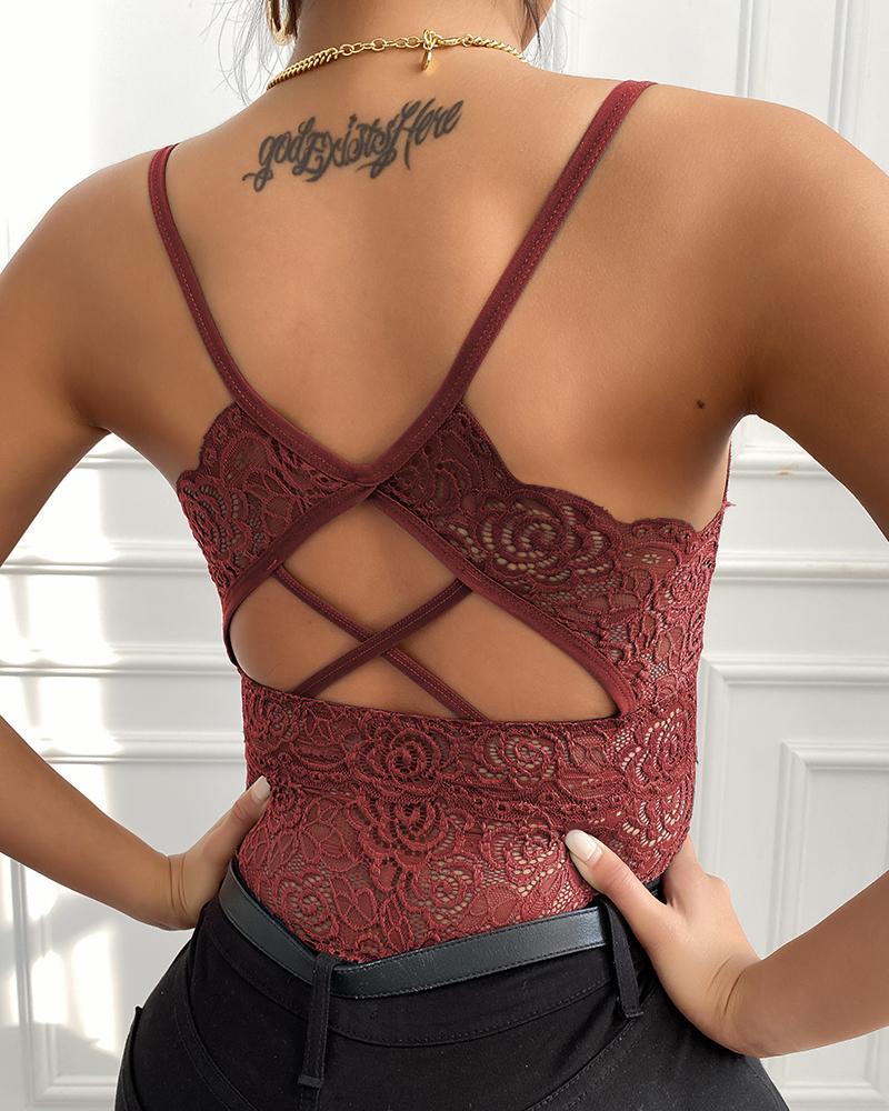 

Plunge Backless Lace Cami Tank Top, Red